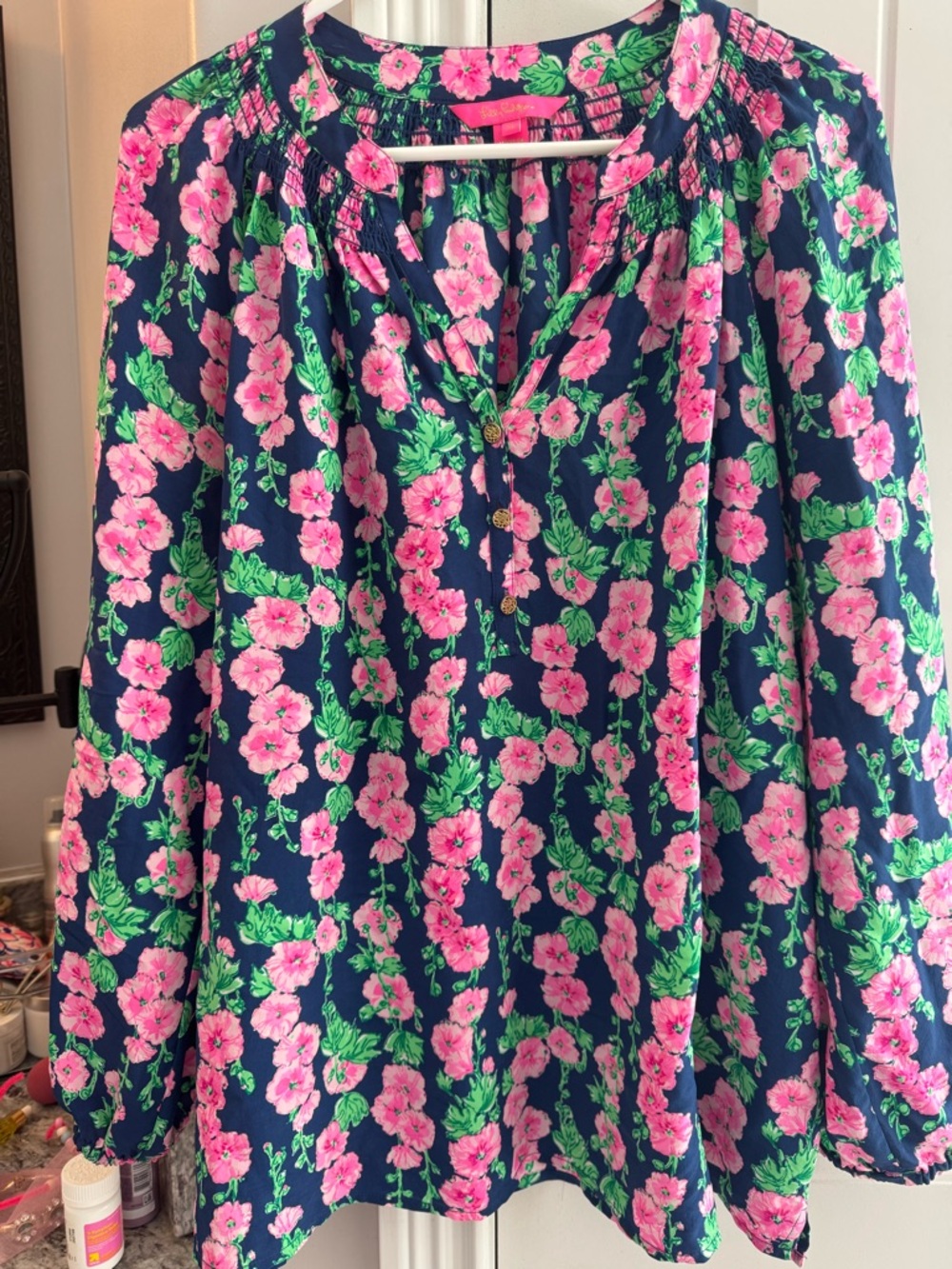 Lilly Pulitzer Navy Floral Peasant Blouse with Pink and Green Flowers